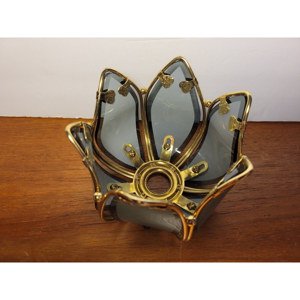 PartyLite Lotus Tealight Votive Candle Holder Smoky Grey Glass Brass 4” - Picture 6 of 10
